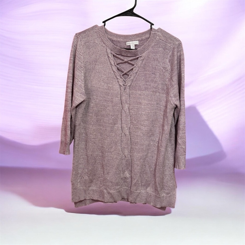 New York & Company women's purple metallic shimmery soft knit lace up sweater XL